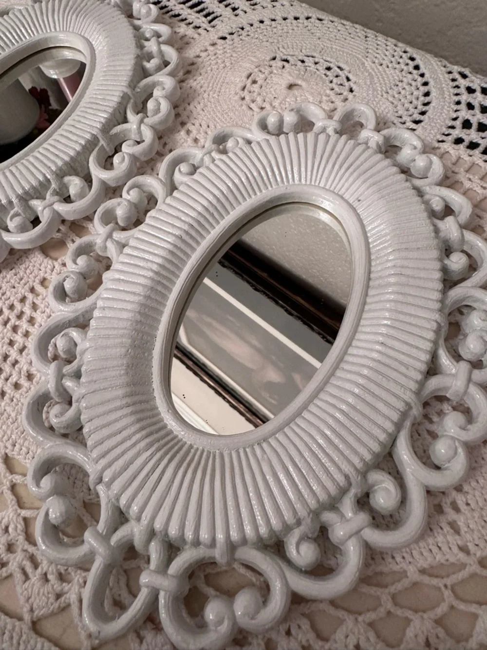 Vintage Home Interior White Ornate Oval Wall Mirrors - Set of 2